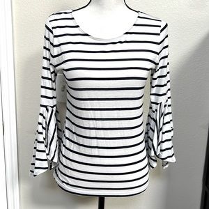 White blouse with blue stripes and flared sleeves